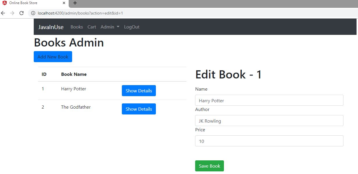 angular spring boot ecommerce admin edit books