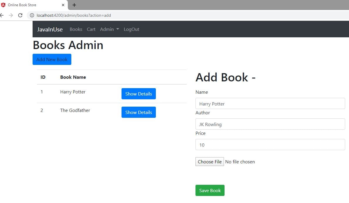 angular spring boot ecommerce admin add books