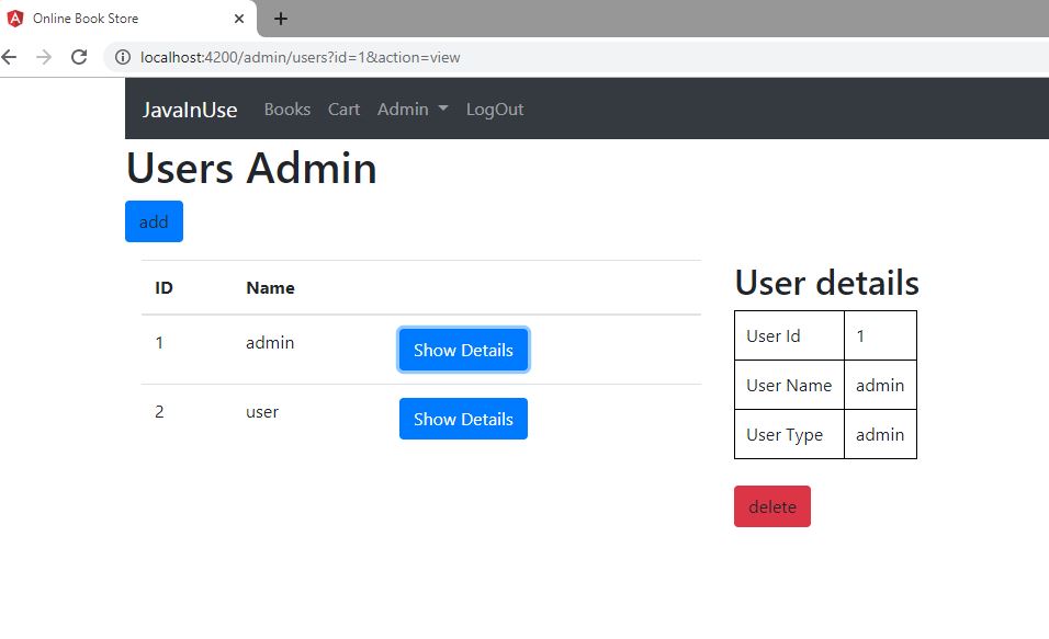 angular spring boot ecommerce admin show user details