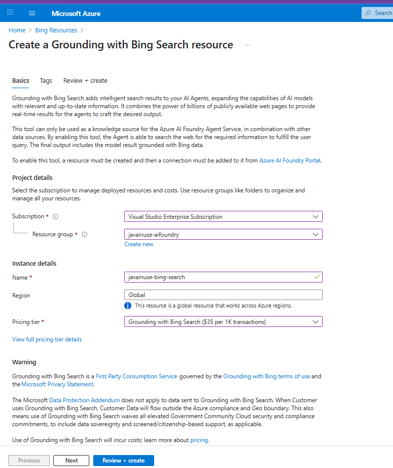 Create Bing Resource