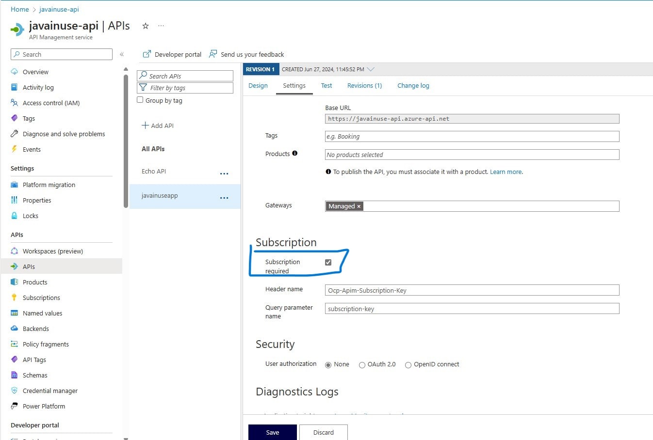 subscription key for Azure API Management Service