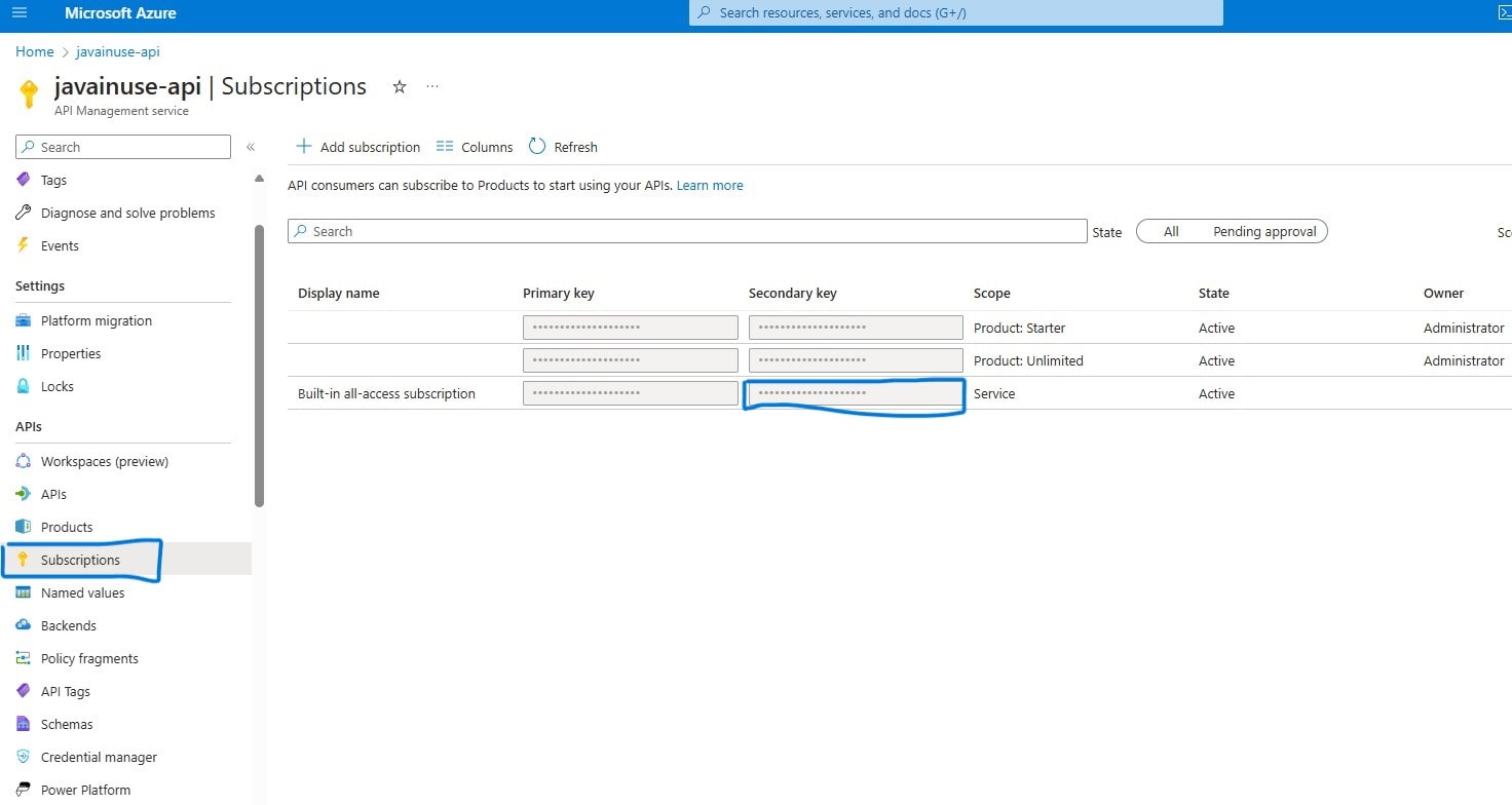 subscription key for Secure a Deployed Spring Boot + Azure App Service Using Azure API Management Service