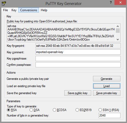 Select pem key in PuttyGen