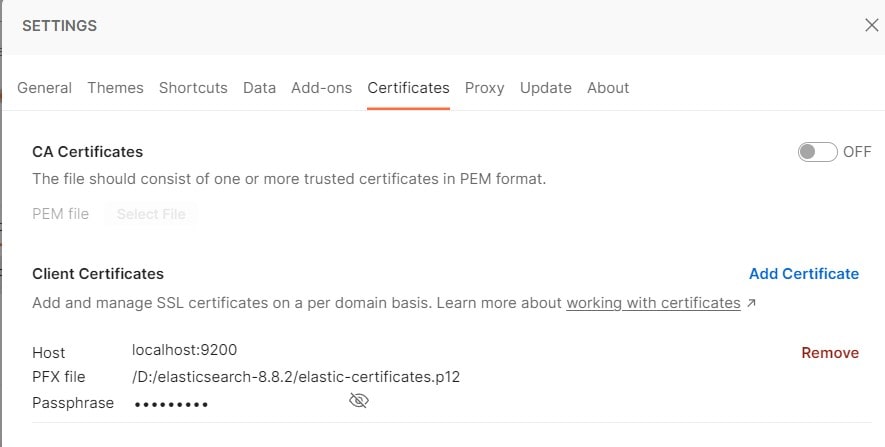 elasticsearch Postman configure certificate