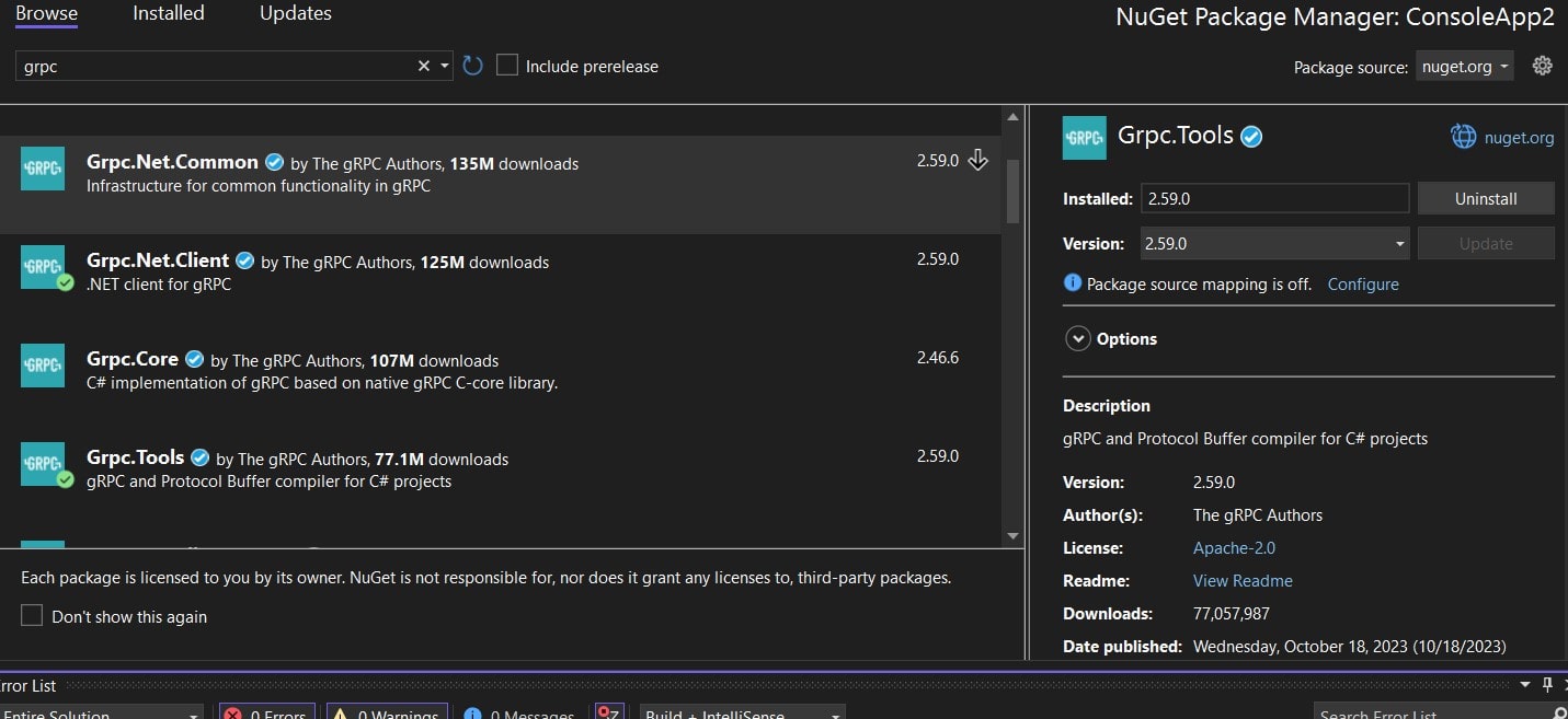 Visual Studio gRPC Client Console Project