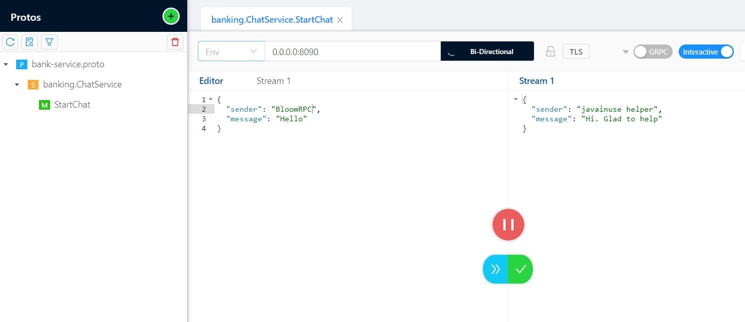 Bank Bidirectional Streaming gRPC BloomRPC