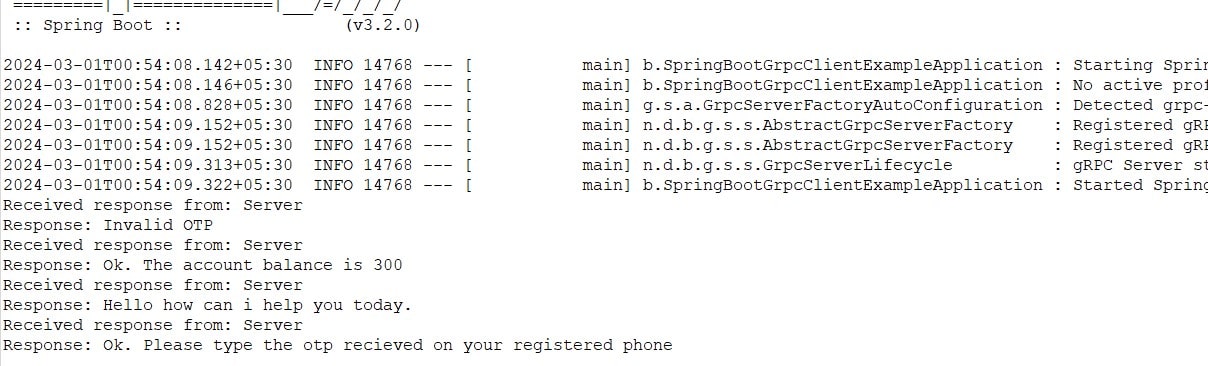 Bank Bidirectional Streaming gRPC output