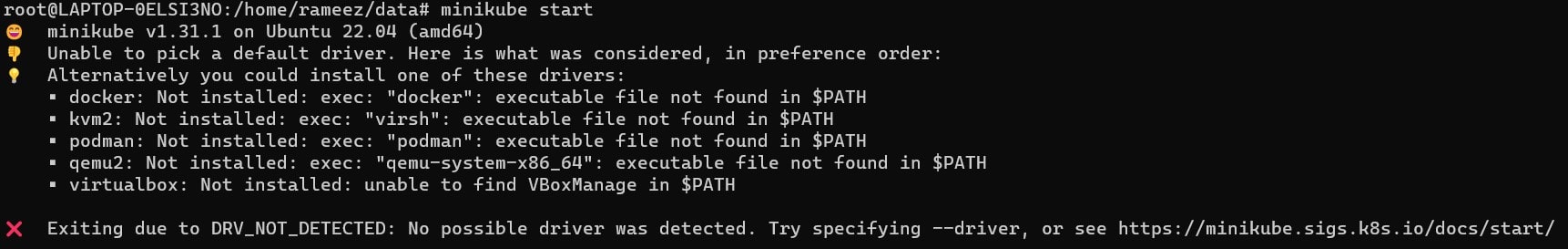 Minikube Kubernetes start no driver